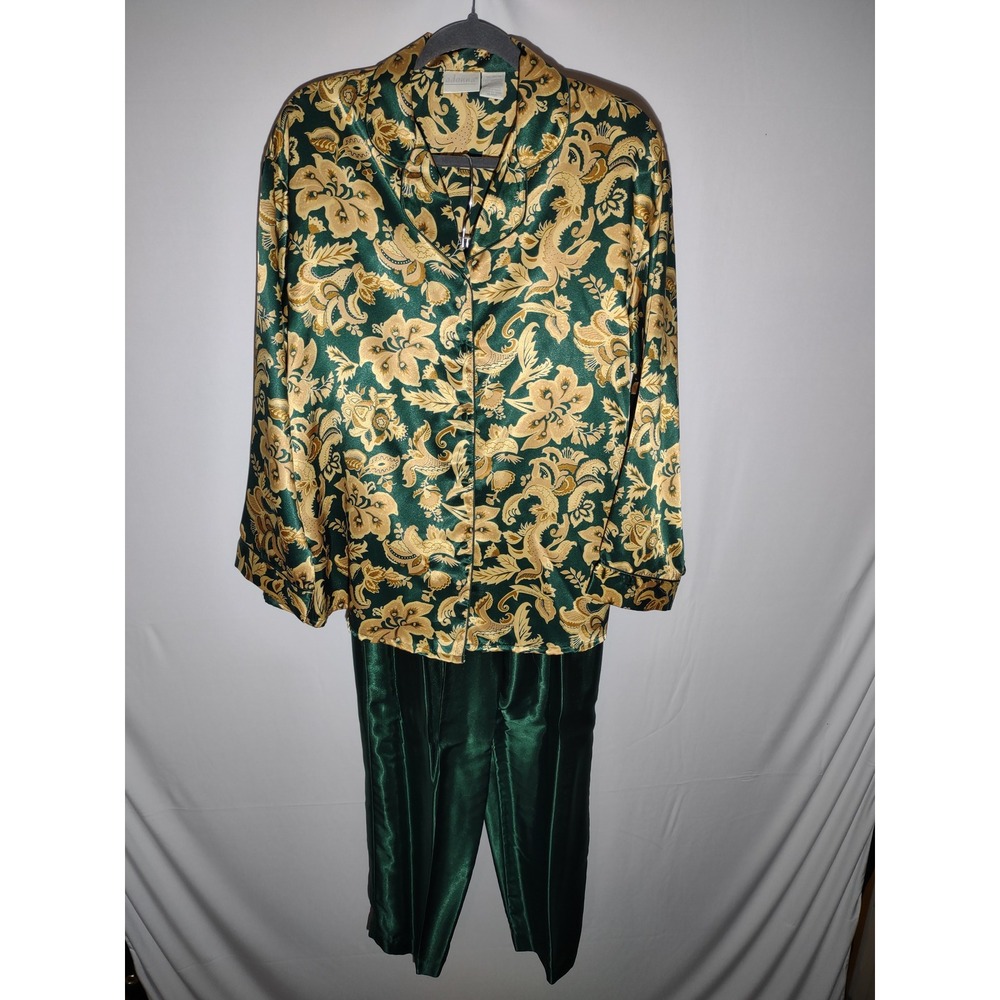 Adonna‎ Emerald Green Gold Floral Print Pajama Set Shirt Pants Women's Medium